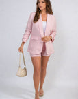 Ruched Sleeve Open Front Blazer Jacket with Front Pockets