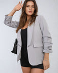 Ruched Sleeve Open Front Blazer Jacket with Front Pockets