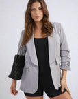 Ruched Sleeve Open Front Blazer Jacket with Front Pockets