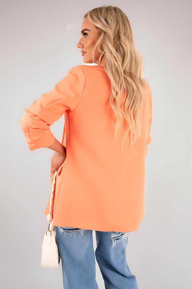 Ruched Sleeve Open Front Blazer Jacket with Front Pockets