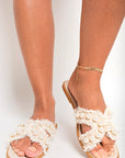 Pearl Decor Fringe Trim Flat Sandals