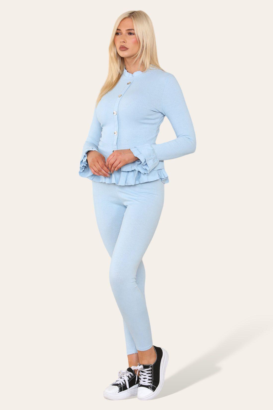 Long Sleeves Peplum Front Buttons Frilled Hem Lounge Wear Set - Toi ‘n’ Moi Ltd