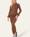 Long Sleeves Peplum Front Buttons Frilled Hem Lounge Wear Set - Toi ‘n’ Moi Ltd