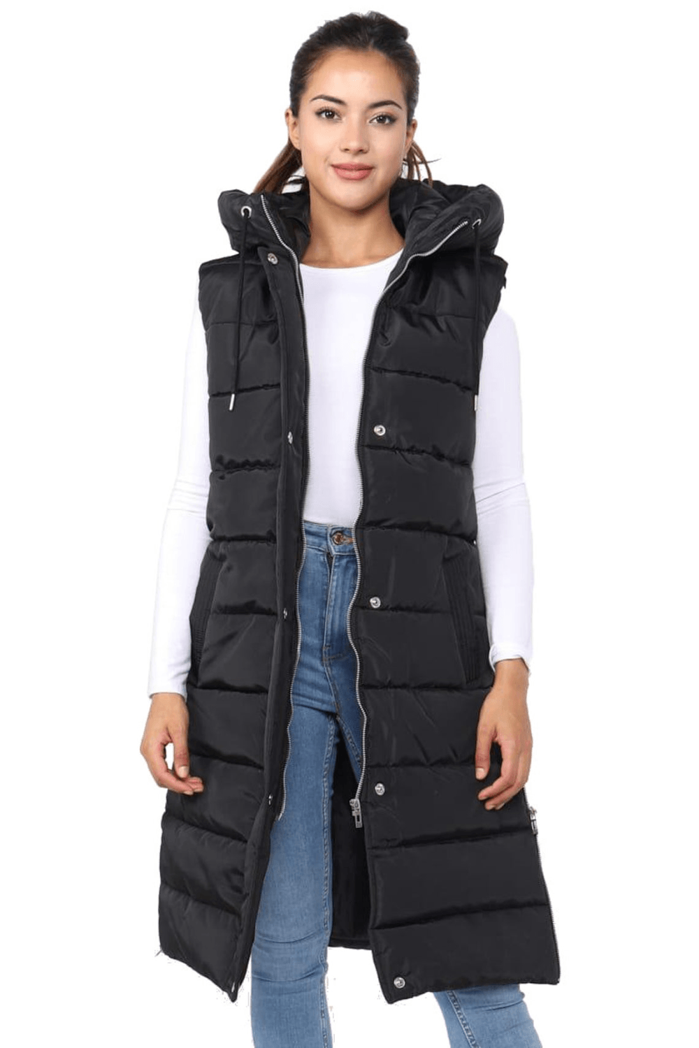 Ladies Girls Long Hooded Puffer Warm Padded Sleeveless Gilet Bodywarmer Zipper - Toi ‘n’ Moi Ltd